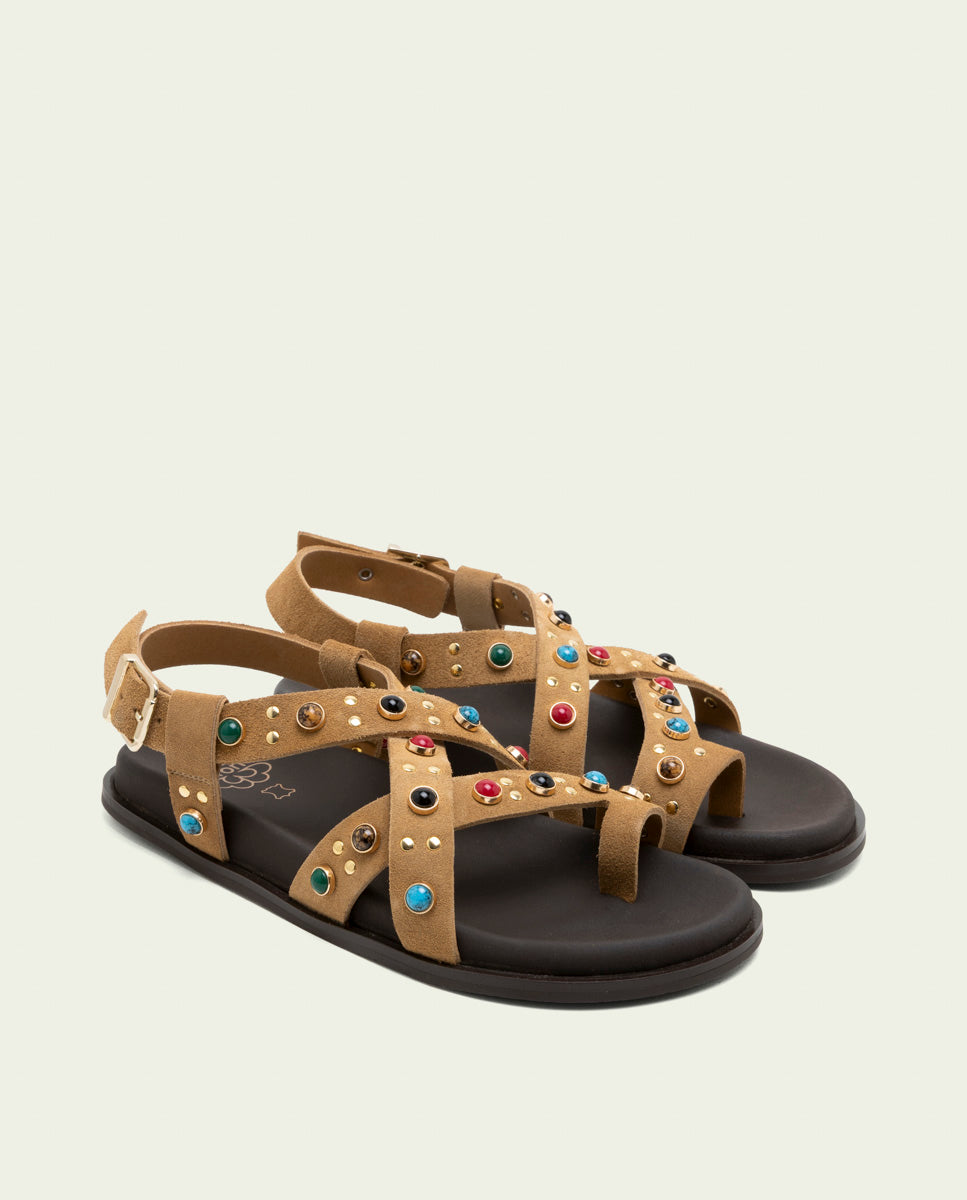 SANDALE PLATE EN CUIR HAZEL CAMEL