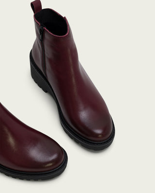 BOTTINES EN CUIR À TALON COMPENSÉ ET ÉCLAIR BORDEAUX ELENA