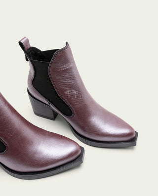 BOTTINES COWBOY EN CUIR BORDEAUX MÉTALLISÉ FANNY