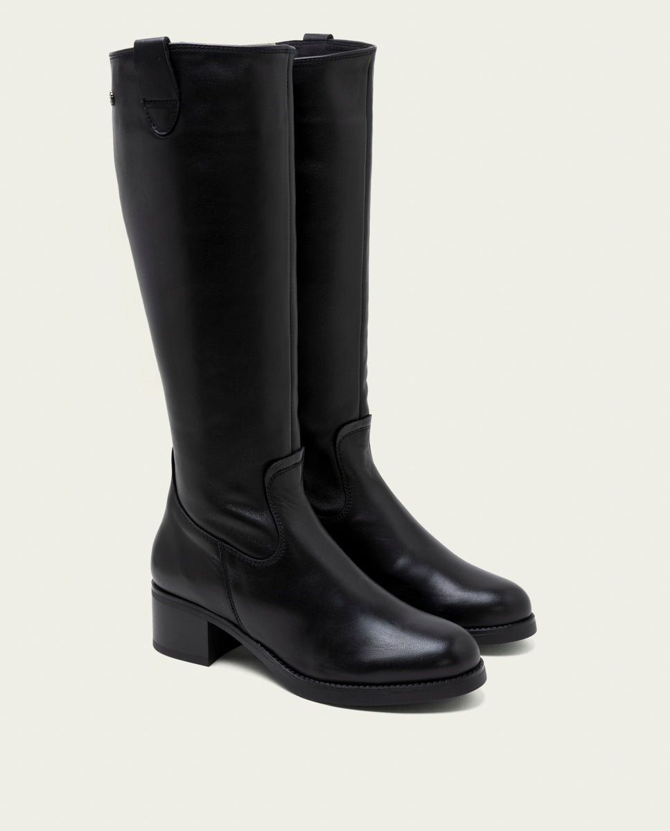 BOTTES EN CUIR À TIGE LARGE ET À TALON OLIVIA NOIR
