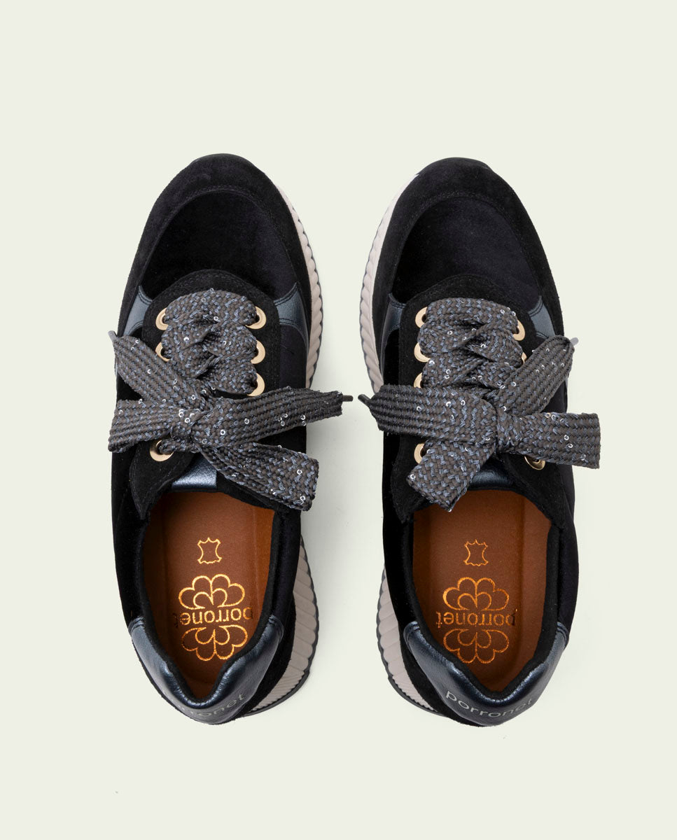 BASKETS PLATES EN CUIR ET VELOURS ZOE NOIR