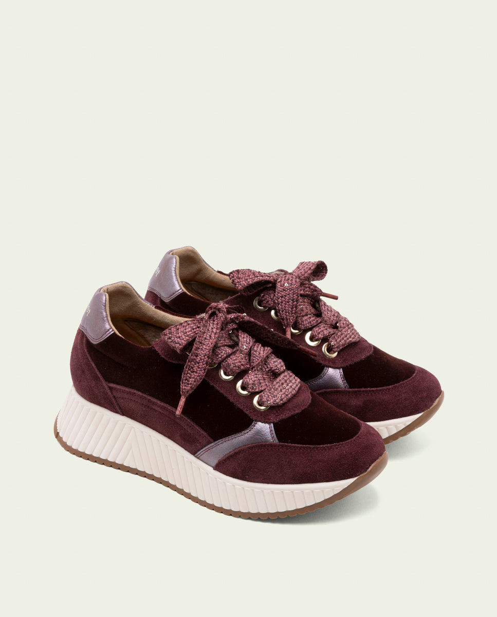 BASKETS PLATES EN CUIR ET VELOURS ZOE BORDEAUX