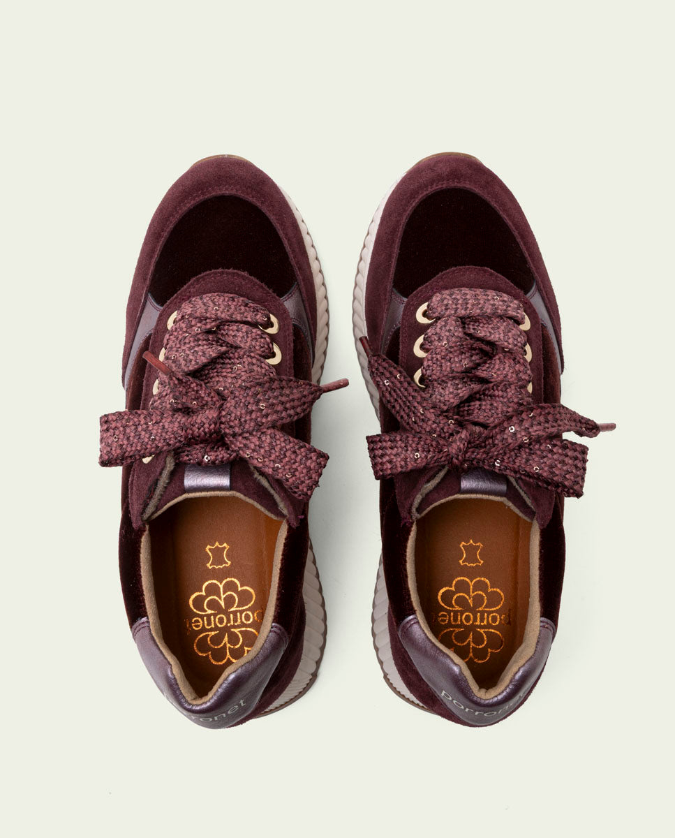 BASKETS PLATES EN CUIR ET VELOURS ZOE BORDEAUX